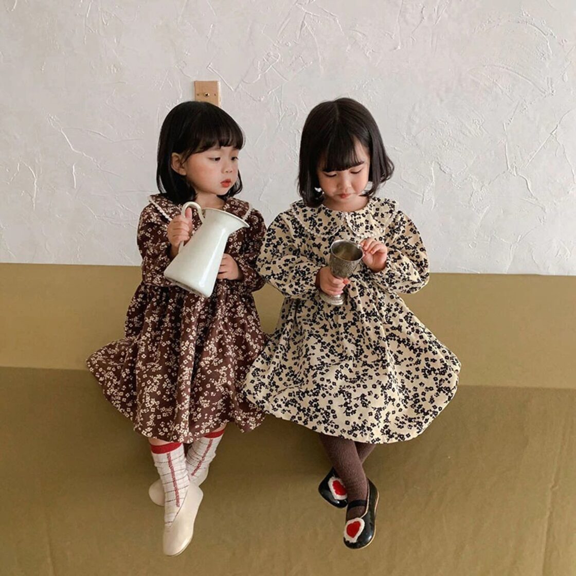 ☆送料無料☆2カラー ブラウン 女の子 襟付き 花柄 ワンピース 90cm 