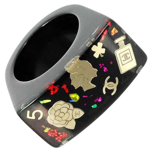 Used CHANEL シャネル マルチアイコンリング 指輪 約13.5号 レジン ブラック マルチカラー 美品