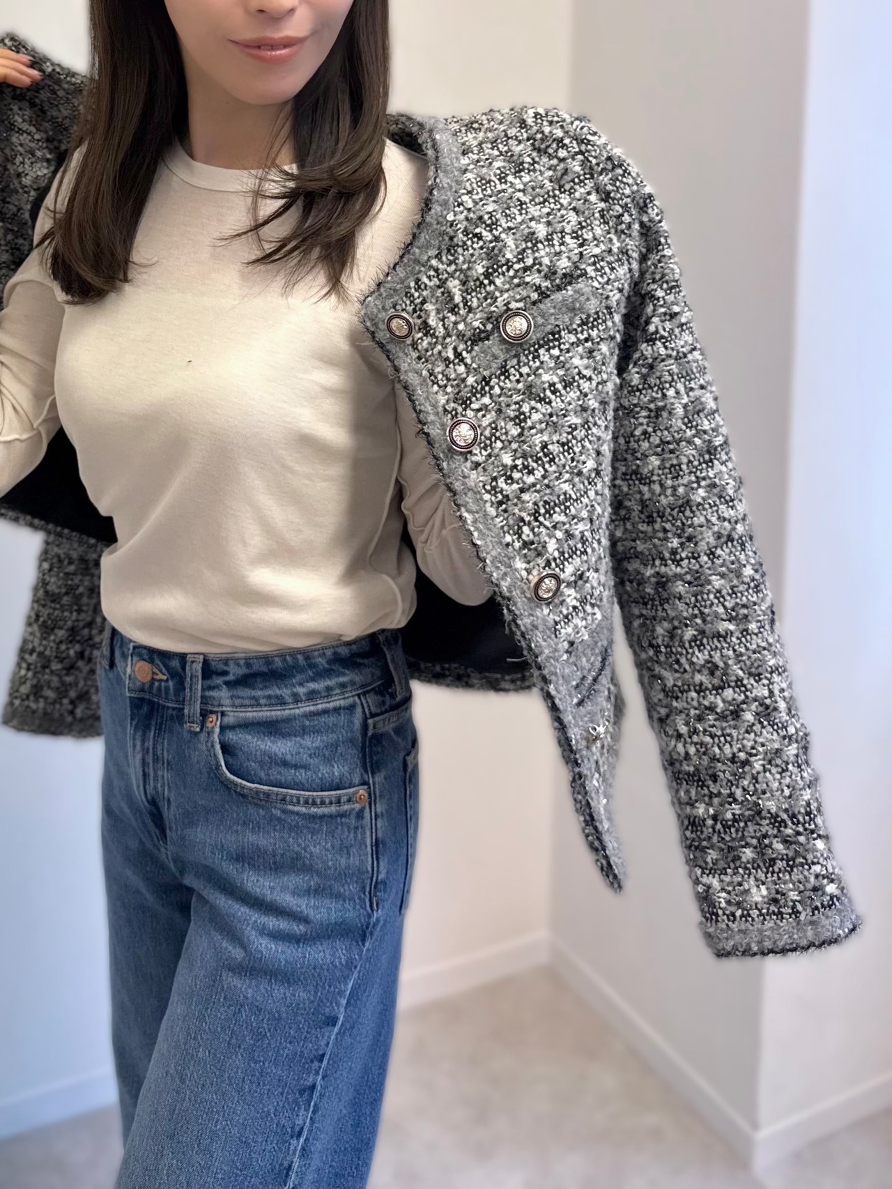 ノーカラーツイードジャケット［60011］