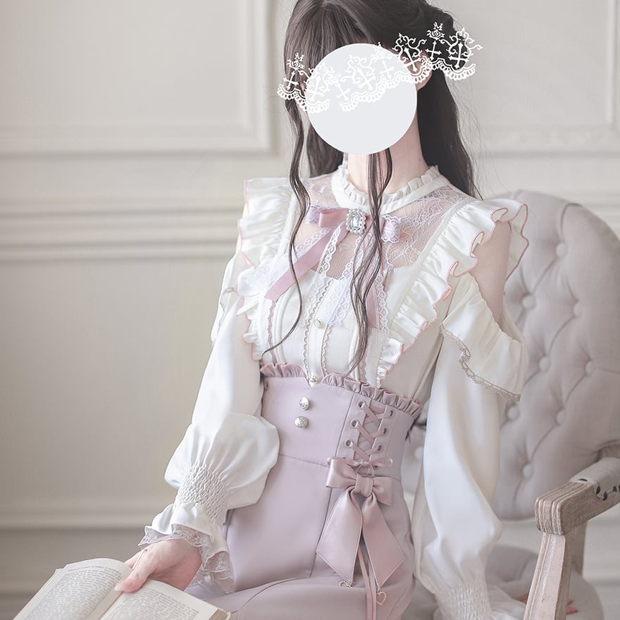 量産型 ブラウス フリル オフショル 白 レース スタンドカラー 長袖