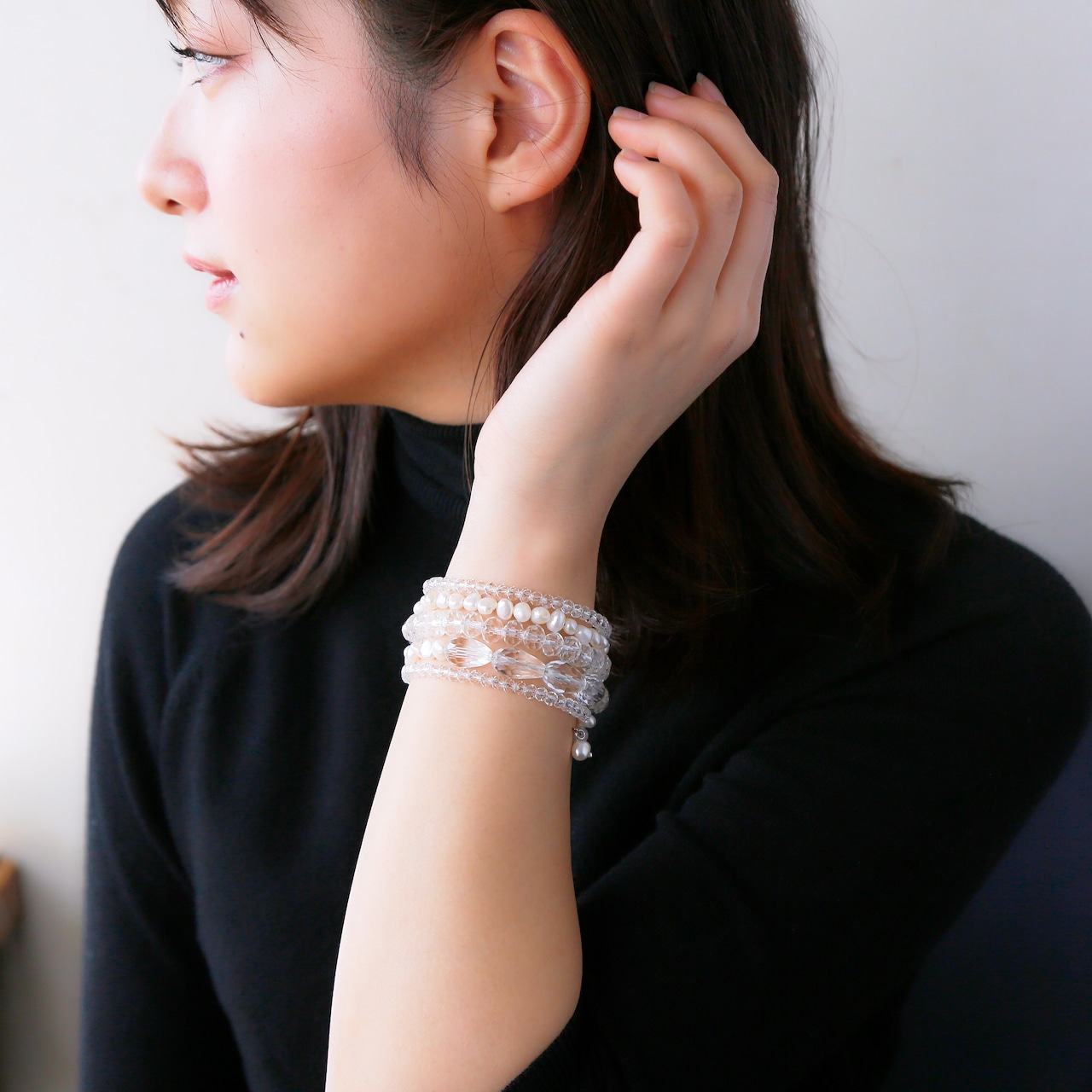 淡水パール×クリスタル 5連ブレスレット ホワイト