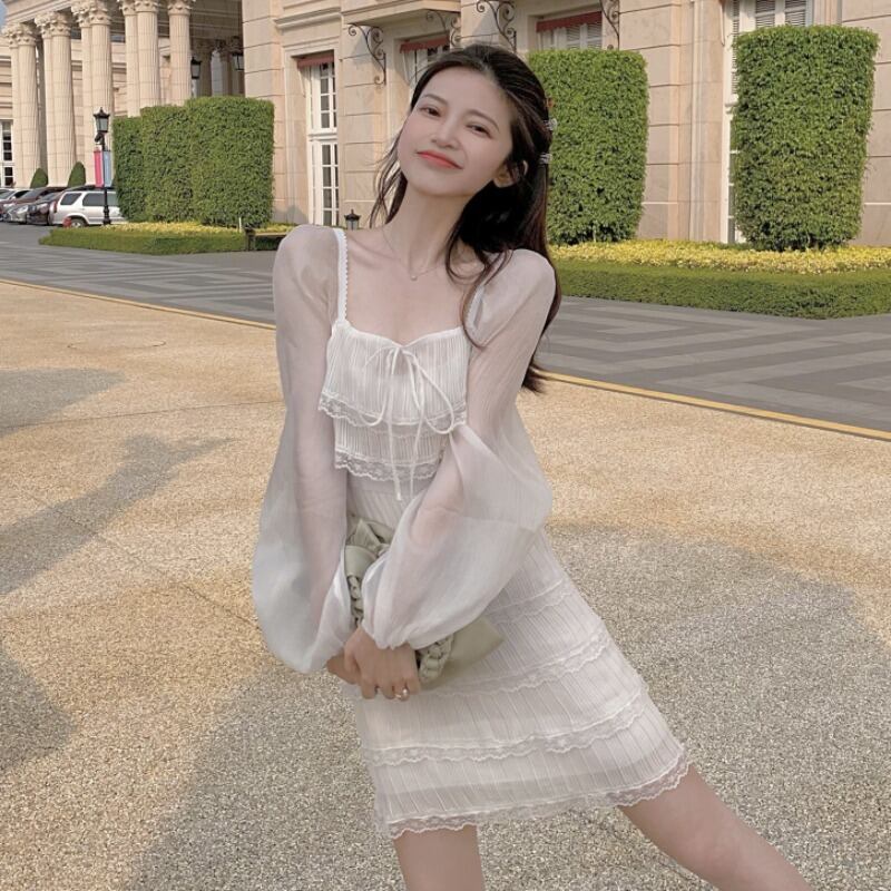 ホワイトドレス スプリングサマースタンダードスカート ウェストレース レトロ 春物 夏物 ステッチ YY-ファッション61339091725