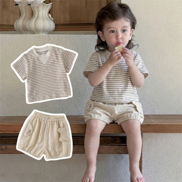 【BABY】夏作ベビー ボーダーTシャツ ショートパンツ セットアップ