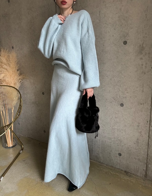 【即納】ニットトップス×フレアスカートset【サックス】