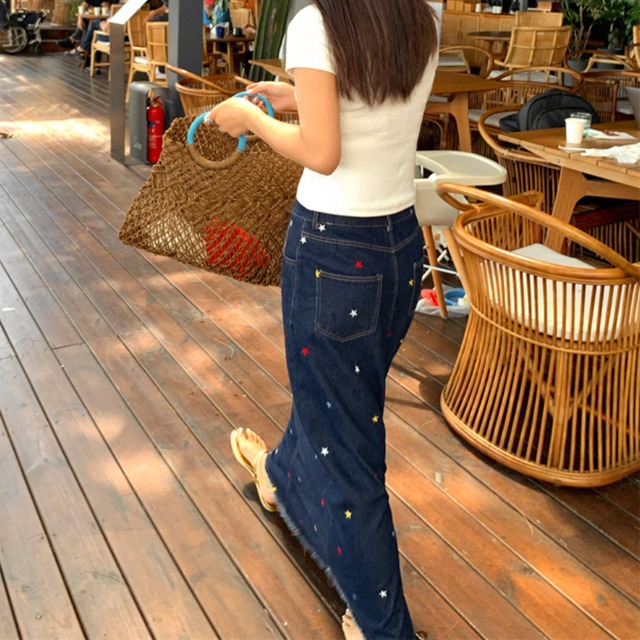 star embroidered denim long skirt J00174