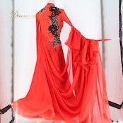 社交ダンス 衣装 スタンダードドレス ドレス ワンピース スタンダード フロート レース ダンス デモ パーティ 発表会 黒 上品 ブラック系 レッド系 豪華 ドレス スカート フロート 3枚重ね 露出少なめ 上品デザイン Mサイズ