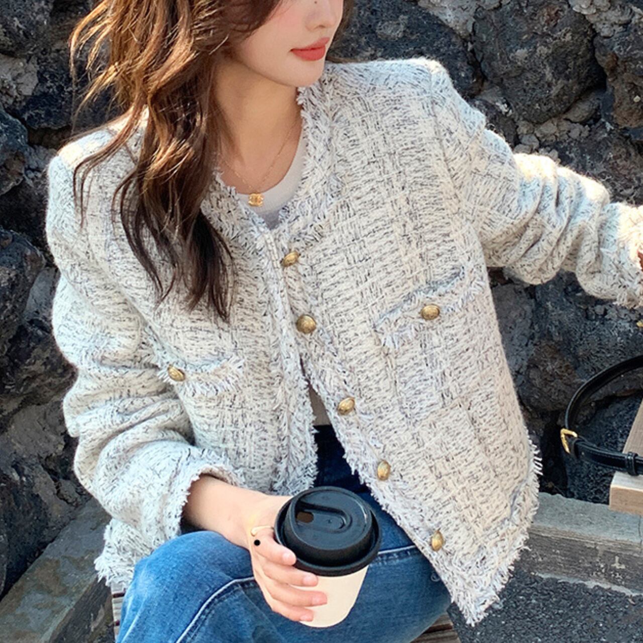 ノーカラー ツイード ジャケット