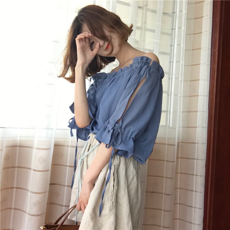 ADEAM カットオフ ショルダー パール リボン パフスリーブ ワンピース