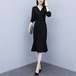 ワンピース フィッシュテール 長袖 フリルスカート ミディアム丈 スリムドレス Vネック ブラック 秋冬 レディース　BADA0010 