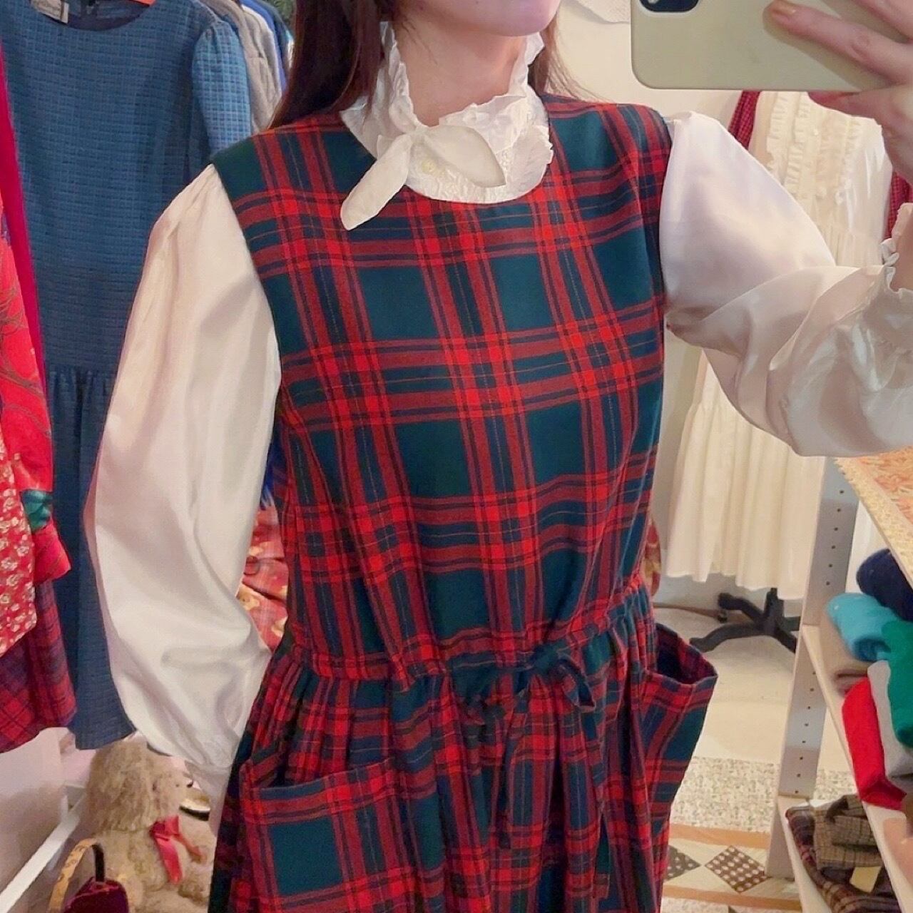 red check back button jumper skirt