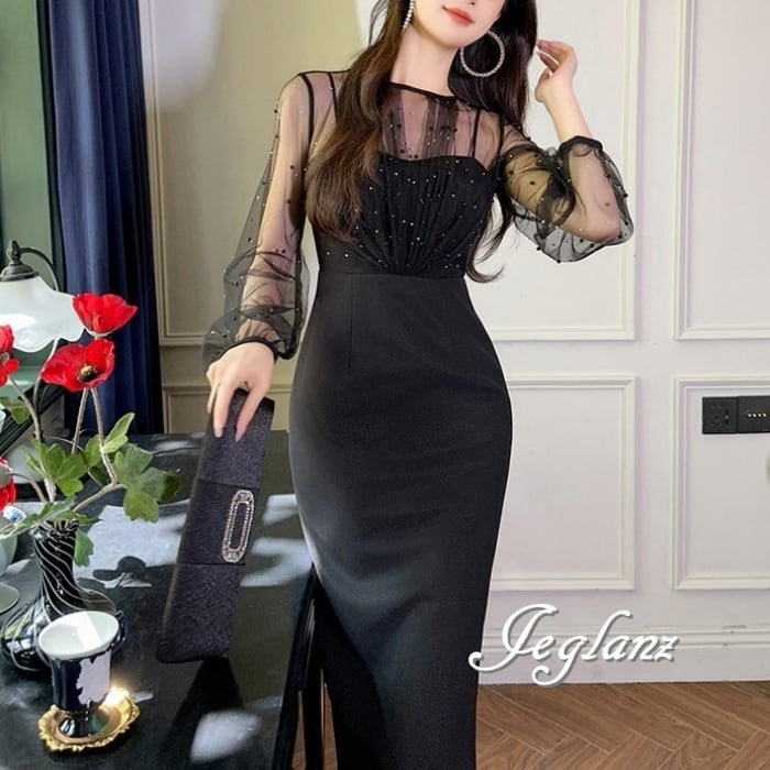 2色 パーティドレス ワンピース パール付き 大人シック ♪(M7733)ζ