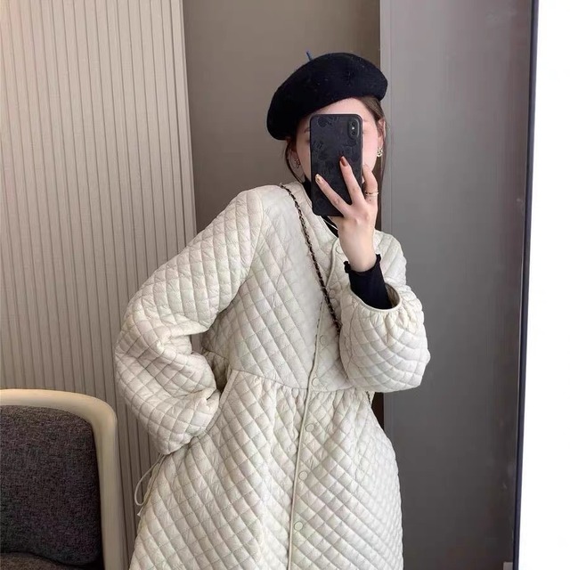 collarless quilted coat（black / white）A0092