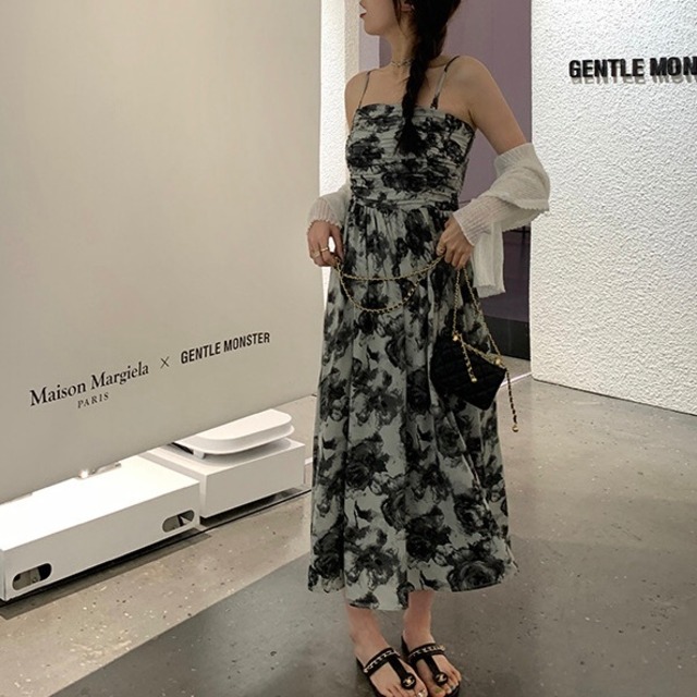 tube top rose print dress　10295