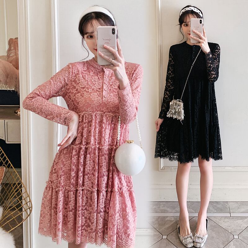 【新作】【送料無料】 8309＃マタニティドレス春秋長袖レースパッチワークルーズスタイリッシュAラインドレス妊婦ママドレス ロング スプリング 春物 オータム 秋物 AL expec329870226619