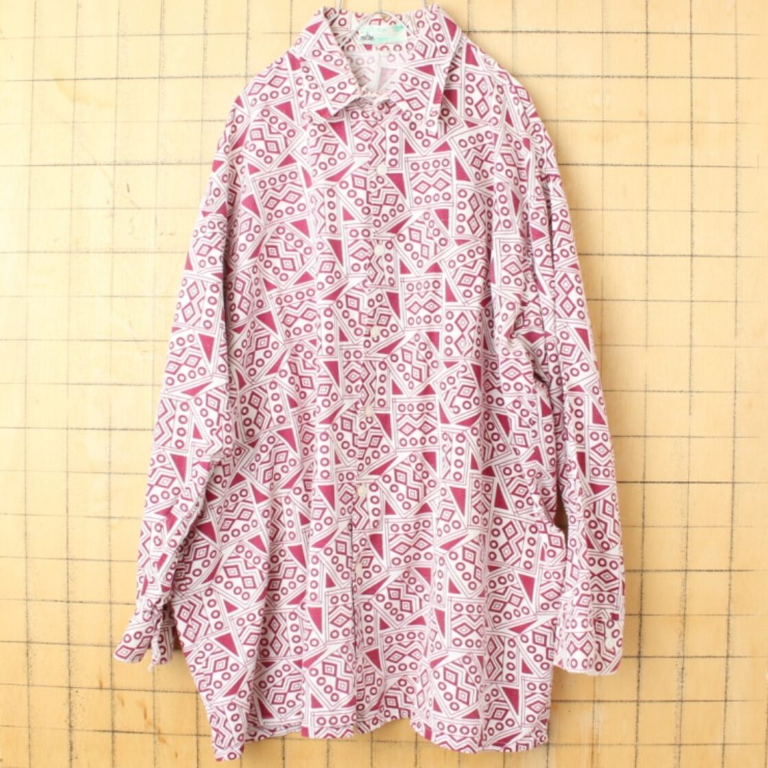 60s 70s EURO フランス ドイツ 総柄 シャツ メンズXL相当 レッド 