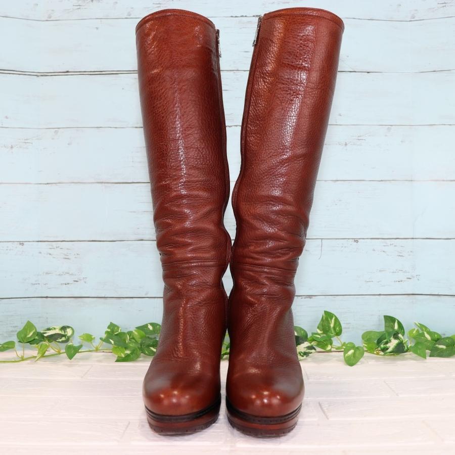 本革❤️プラダ レザーロングブーツ ブラウンピンヒール PRADA レザーロングブーツ 23.5〜24.0 太ヒール レッドブラウン