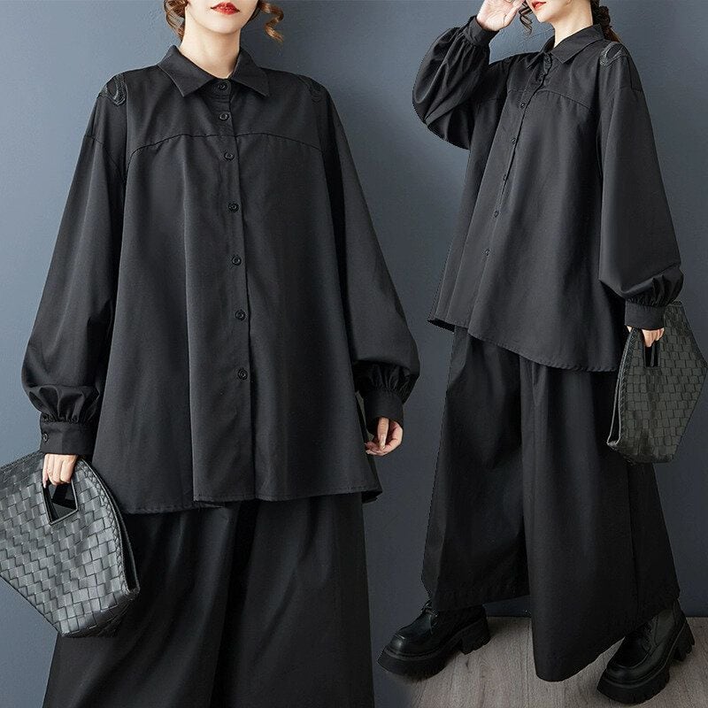 BLACK BUTTERFLY MOTIF BACK LANTERN SLEEVES A-LINE SHIRT 1color M-14551