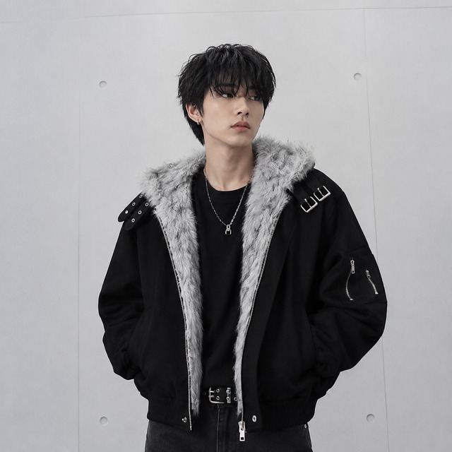 Stand collar button fur collar jacket 0005