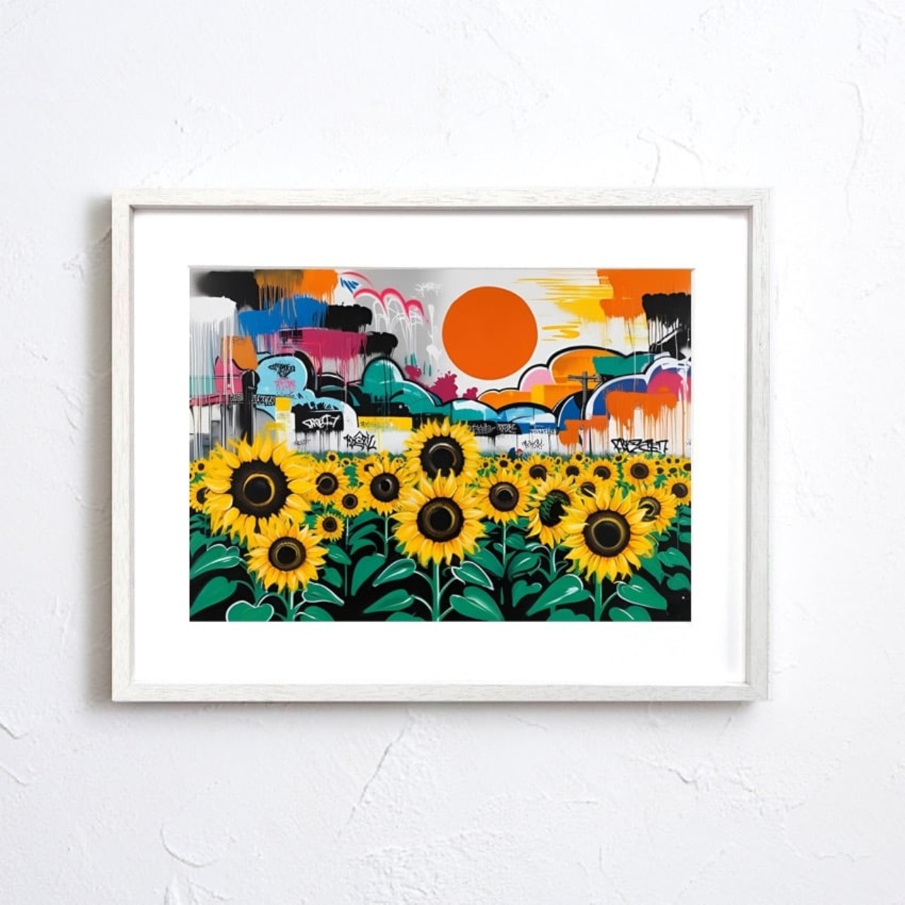 Sunburst City ひまわりと都市の共鳴|自然とストリートが融合するポップアートポスター|鮮やかな色彩で空間をアクティブに彩るA3ポスター