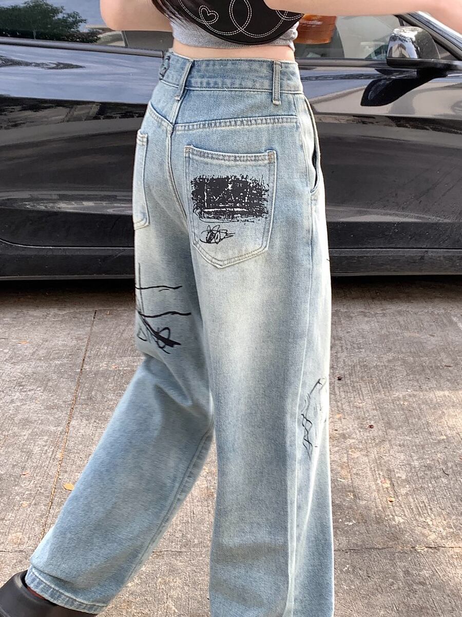 らくがき風イラストプリントロングデニムパンツ ハイウエスト 落書き