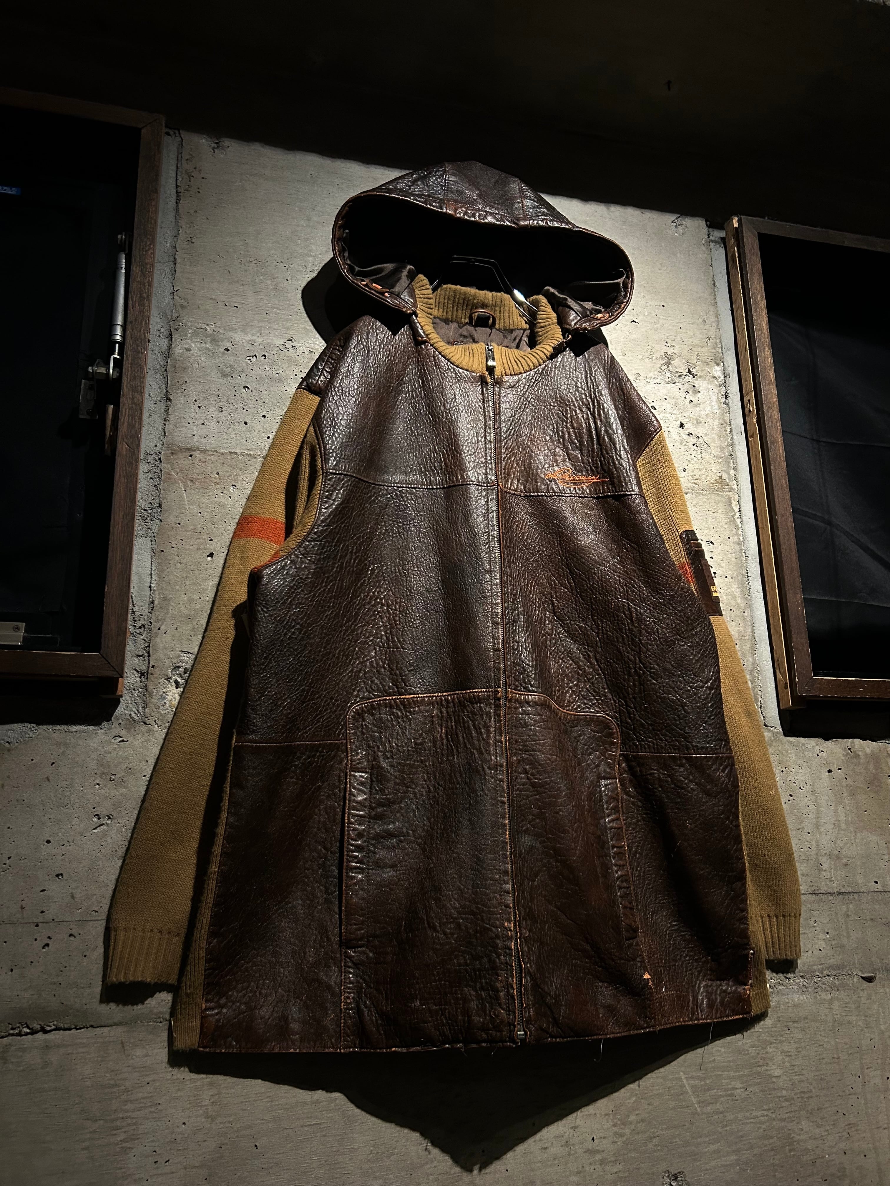 〜古着屋Chiro〜✨ Caka】“DAVOUCCI” Leather Switching Zip Knit Hoodie | Caka(カカ