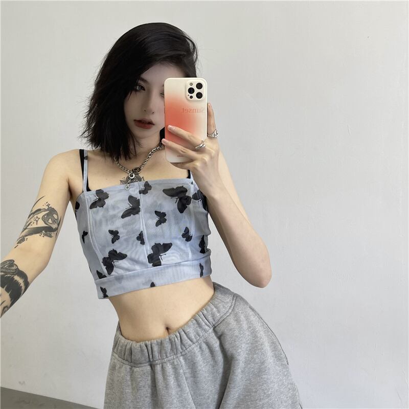 サマートップス Butterflyデザイン プリント柄ショート 夏物 ケッペル56352700114