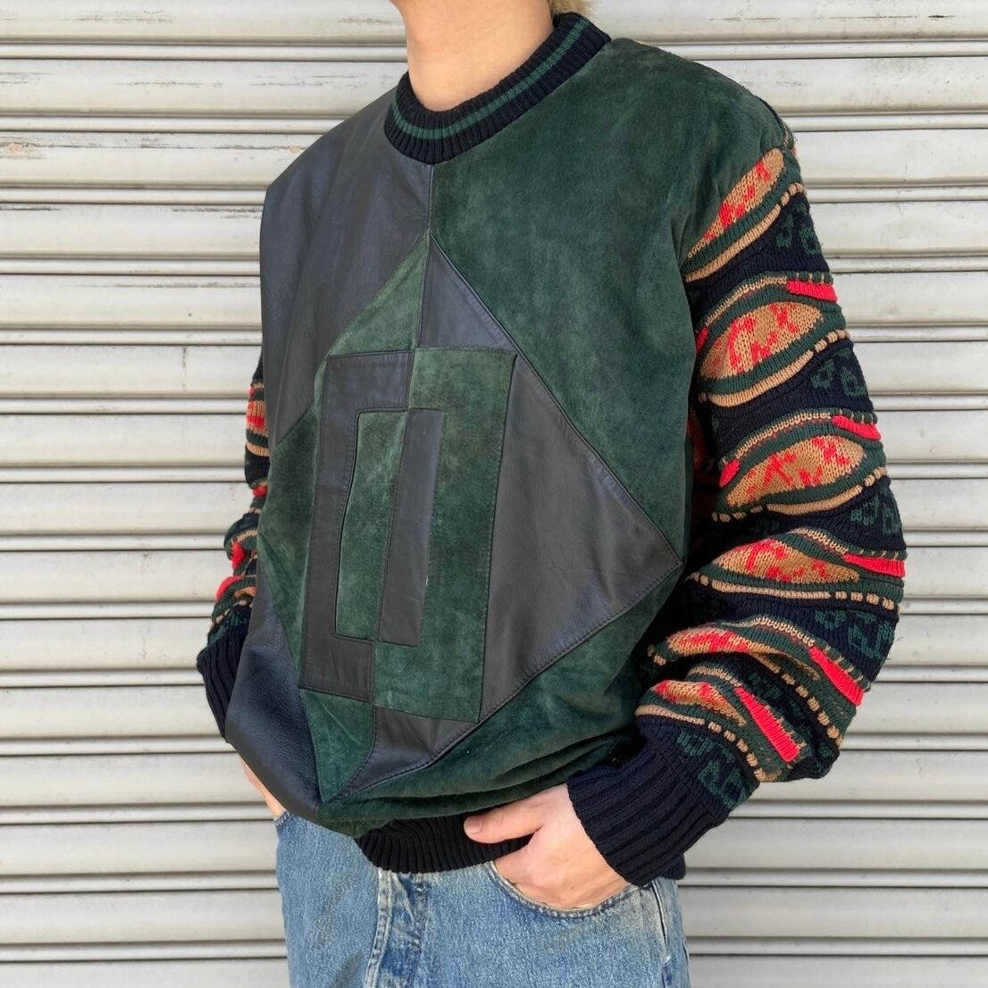 80s TRUTUS Biancara レザー切り替え　ニット　古着 90s TRUTUSBiancarra レザー切り替え3Dニット クージータイプ | 古着屋 Uan