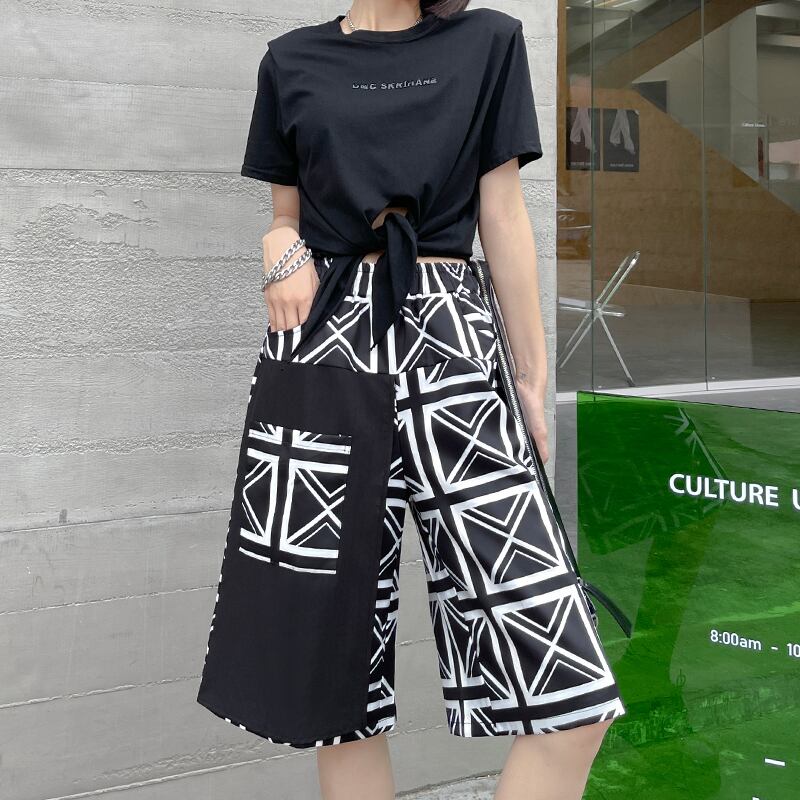 ブラックパンツ サマー薄手ルーズショーツ ハイウェストウェストプリントカジュアル 夏物 ブルマー ラブタオタオダレンハウス7562508428