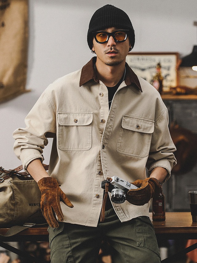 Bi-Color Retro Long Collard Shirt【L0591】