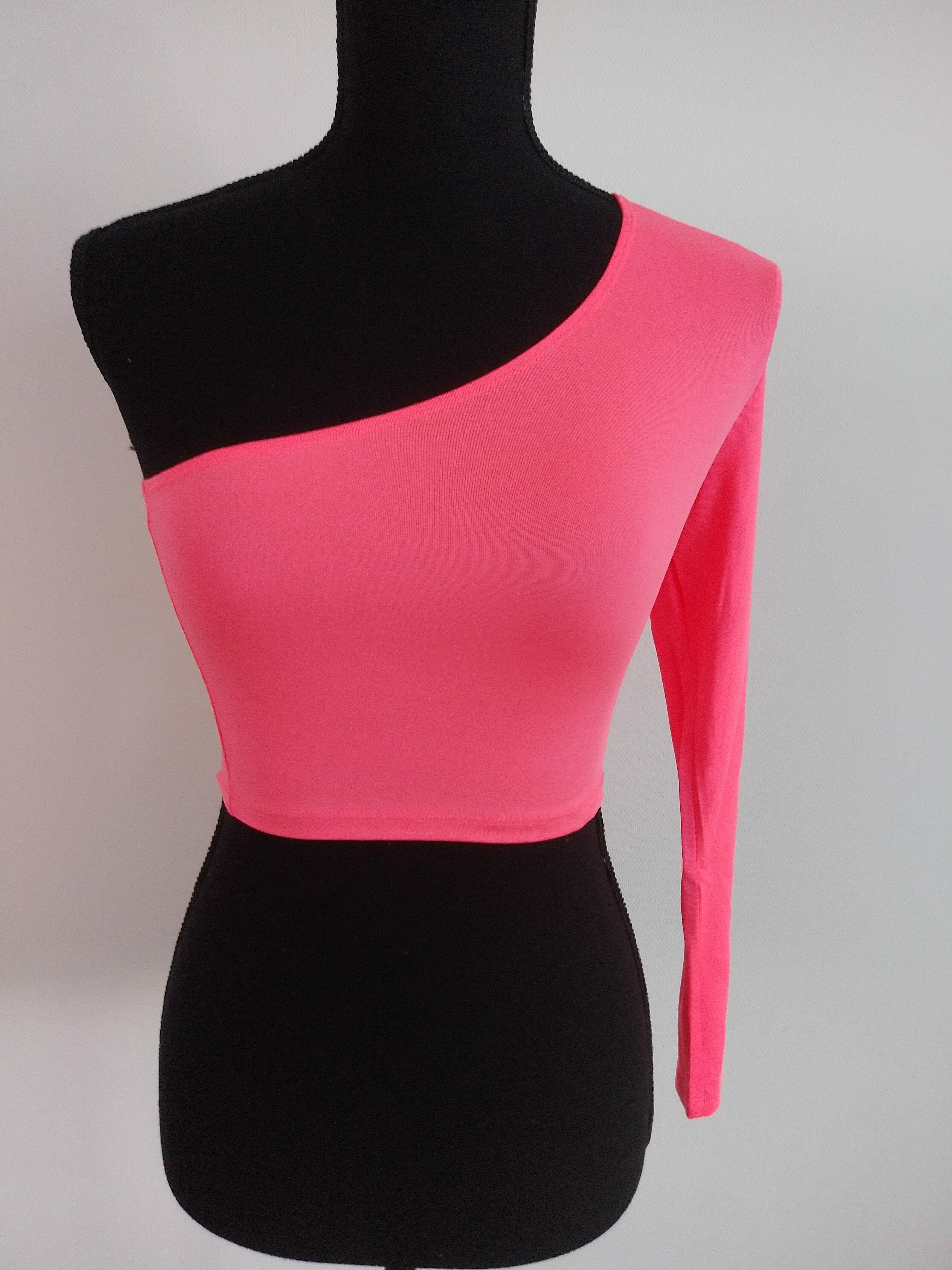 ワンショルダー 長袖トップス ネオンピンク 蛍光 ネオンカラー ダンス 衣装 イベント スポーツ