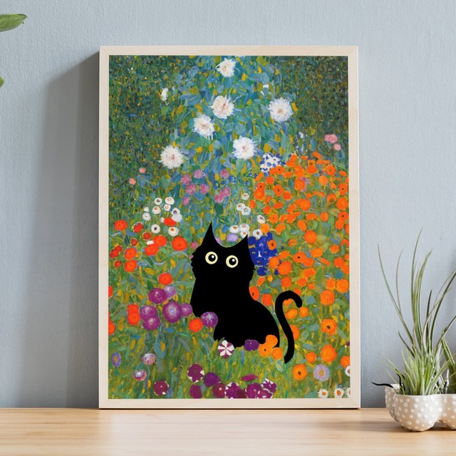 黒猫 ポスター 20×30cm A4 アート フレームなし ねこ ネコ 猫 ブラック キャット モネ ゴッホ オマージュ カフェ インテリア