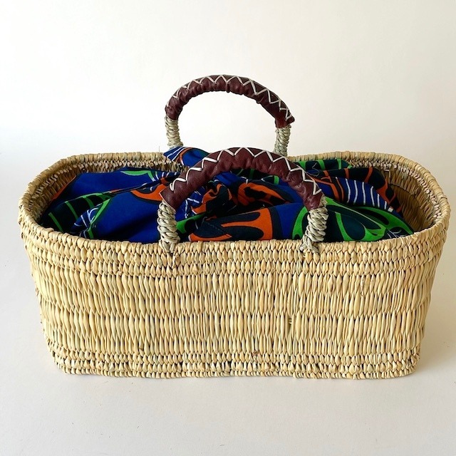 Moroccan straw square basket パーニュ布あづま袋付