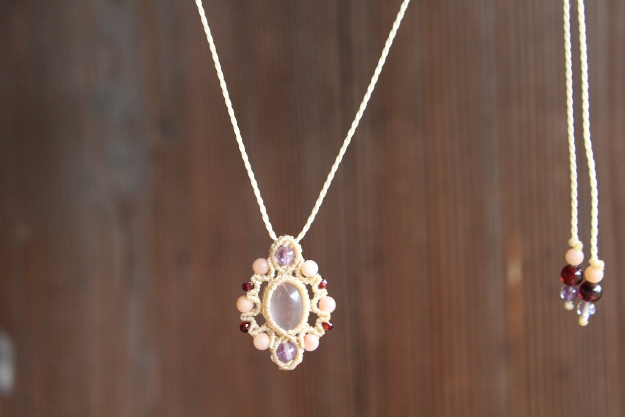 Rose quartz stone mandala micromacrame pendant