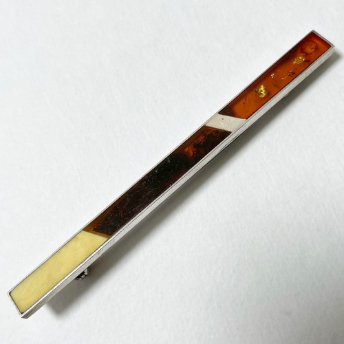 Vintage Three Tone Amber Polish 925 Silver Bar Brooch