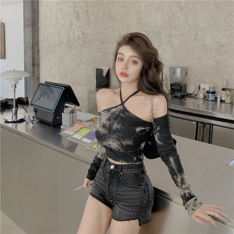 ワンショルダー絞り染めニット長袖日焼け止めTシャツ女性夏タイトセクシーショートトップ2020新潮 ブラックストロベリース2672537710