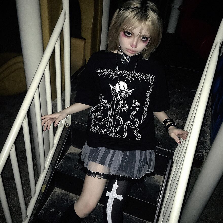 地雷系 イラストプリントTシャツ ダークファッション向け｜WithU