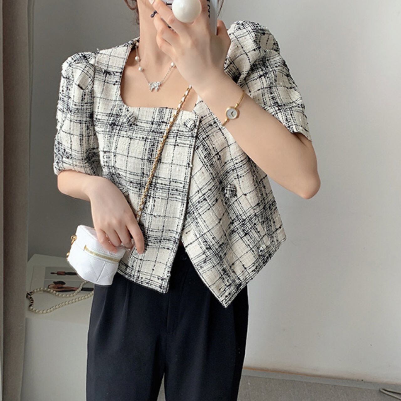 スクエアネック ブラックチェック ショートジャケット