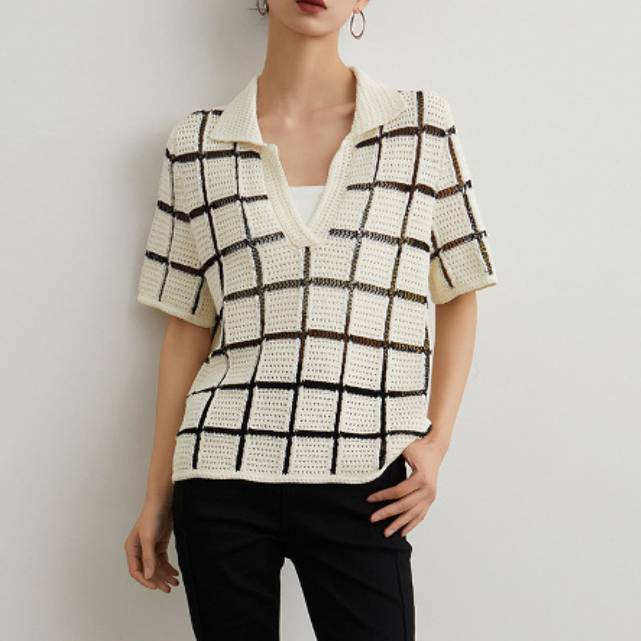 Check pattern V-neck sweater S1003