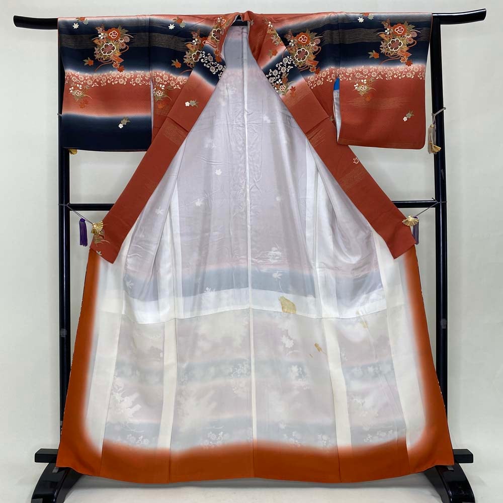 付け下げ 訪問着 中古 朱色 黒 古典 裄丈65.5cm 身丈166.5cm 結婚式