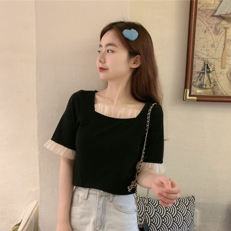 2020年夏の新作半袖Tシャツレディーススクエアネックステッチレーススウィートトップスリムスリミングブラックボトミングシャツ 1号婦人53181940035