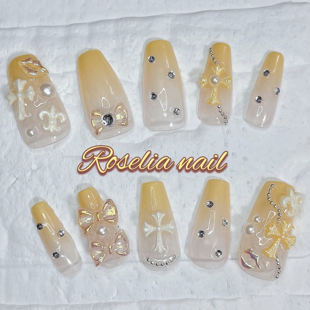 黄色 イエロー系 十字架 y2k ギャル ワンホン 派手 グラデーション キラキラ 推し活 ネイルチップ