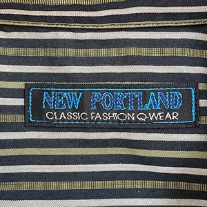 【NEW PORTLAND】ストライプシャツ 長袖シャツ コットン カジュアルシャツ アースカラー グリーン系 XL ビッグシルエット US古着