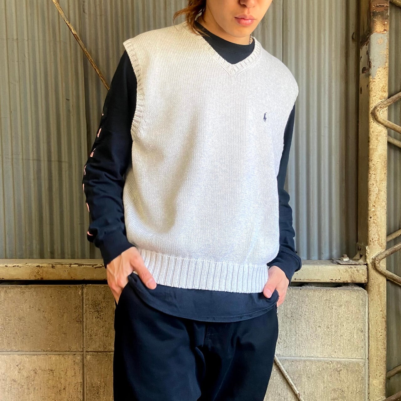 90s ポロバイラルフローレン　ニット　ベスト　シルク　カシミヤ　グレー　総柄 ポロバイラルフローレン コットンニットベスト メンズL 古着 Polo by