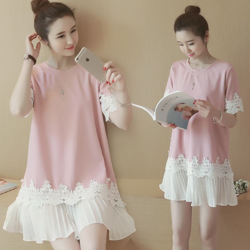 【新作】【送料無料】 2020年春の妊婦服プリーツレースパッチワーク半袖シフォンシャツロングルーズマタニティブラウス妊娠 ショート ハーフスリーブ スプリング 春物 AL expec352215789927