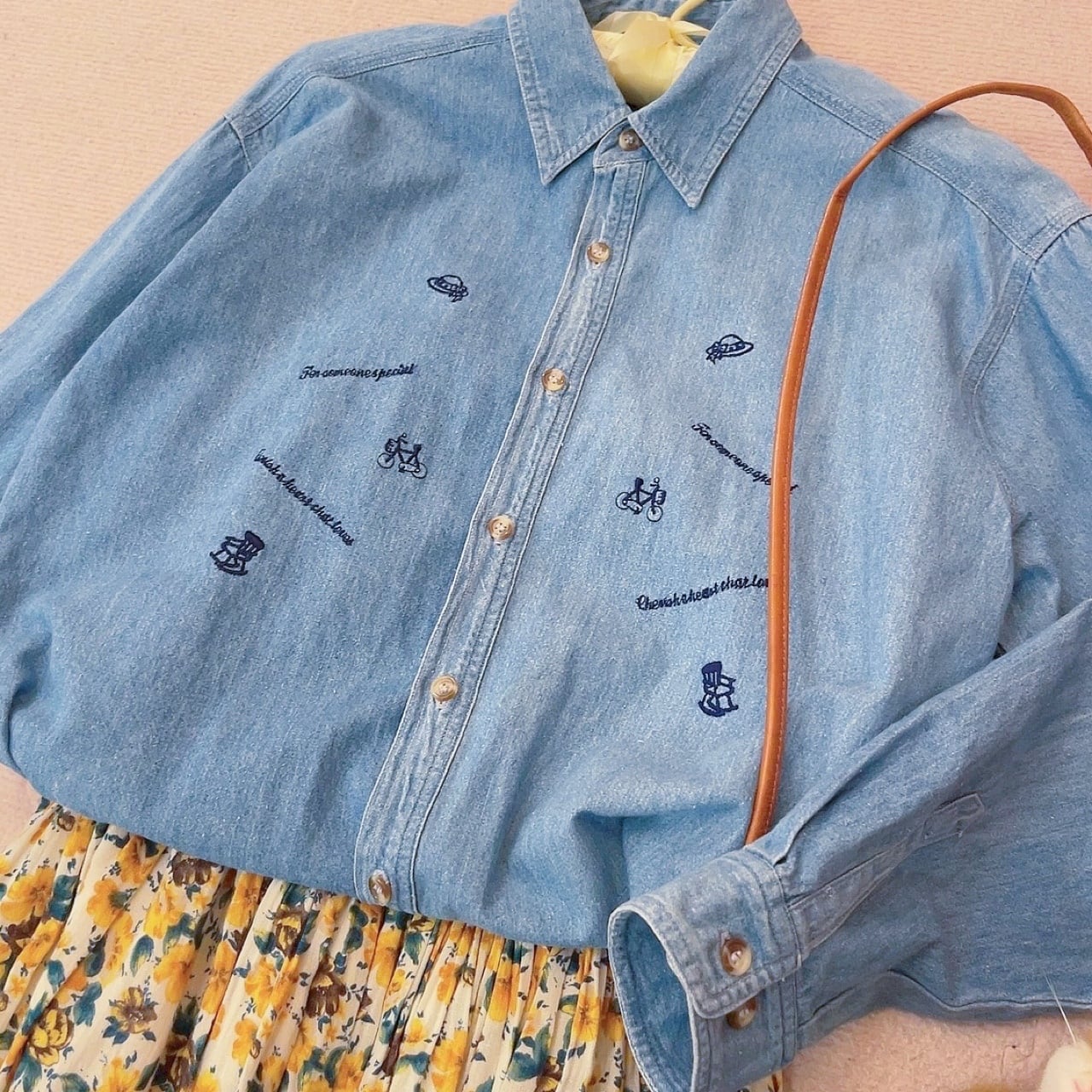 mini icon embroidery denim shirt
