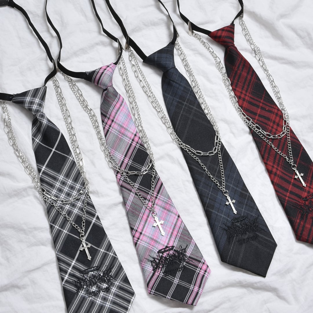 2/18 新カラー追加！】2点セット☆チェックネクタイ×ネックレスセット