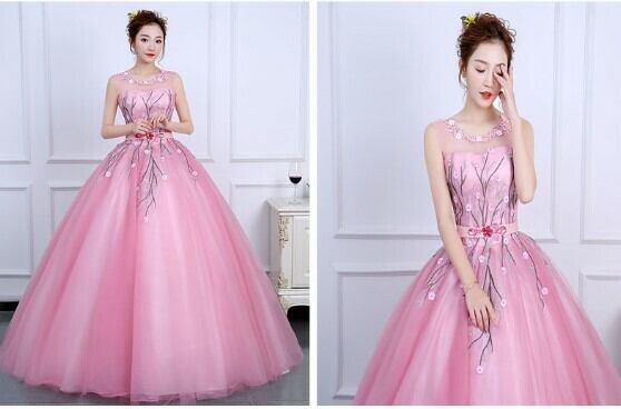 カラードレス ピンク ソフトチュール タンクトップ 編み上げ 枝花刺繍