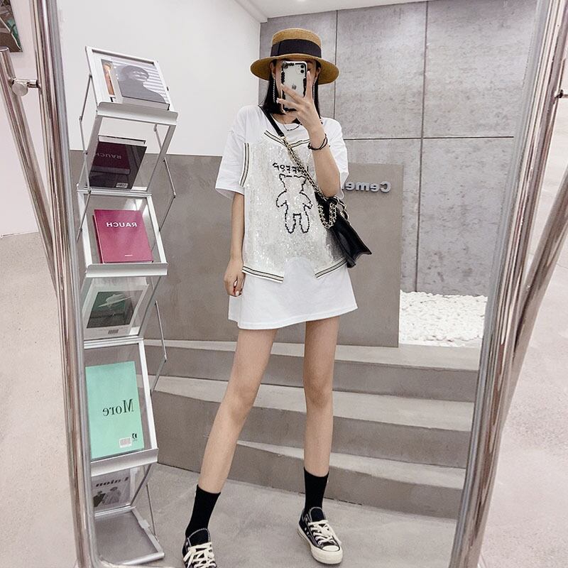 サマールーズ薄手ラウンドネックTシャツ 大きめサイズ 夏物 Oネック ステッチ ミックスインファッション44604626784