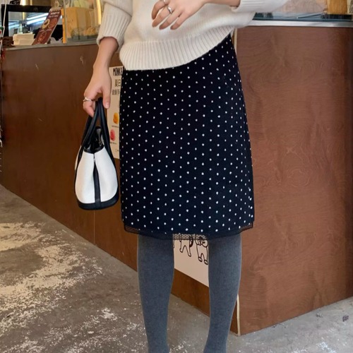 2色／ウールタッチレースヘムドットスカート ・74810