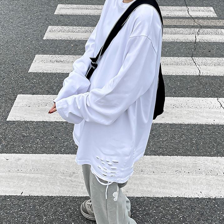 2color ユニセックス Tシャツ 長袖 裾ダメージ 無地 ロンT オーバー